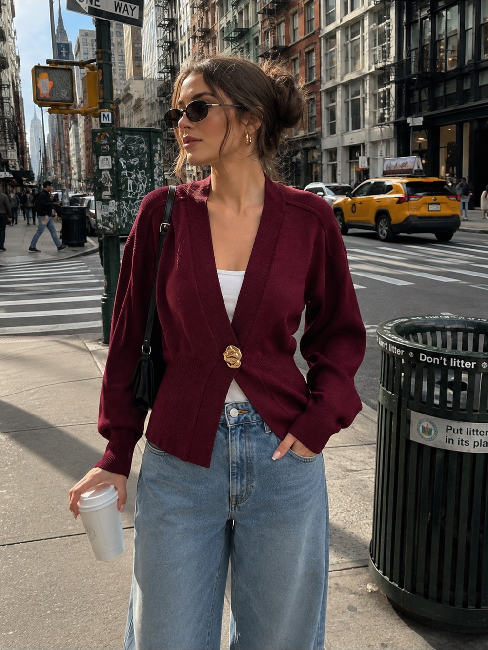 Urban Revivo Burgundy Gold Button Sculpted Waist Cardigan US 12 NWT